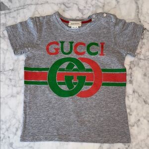 Gucci Gray and Red Short Sleeve Tee with Logo 36M